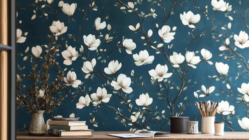 Cozy art desk against deep blue magnolia blossom wall.