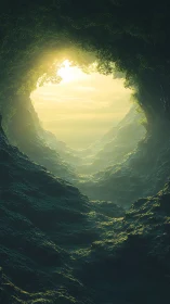 Sunlit cavern mouth opening onto a mist veiled dream horizon.