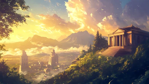 Sunlit neoclassical hilltop temple overlooking volumetric valley