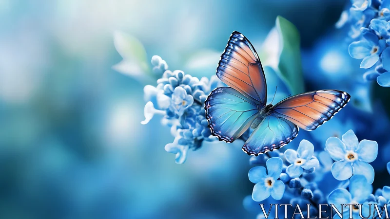 Bicolor butterfly hovers over blue blossoms in soft bokeh field.