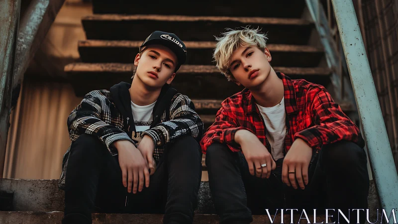 Urban stairwell portrait shows two teens in plaid streetwear