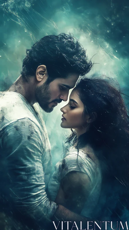 Atmospheric Portrait: Two Figures in Ethereal Teal Luminescence and Particulate Haze