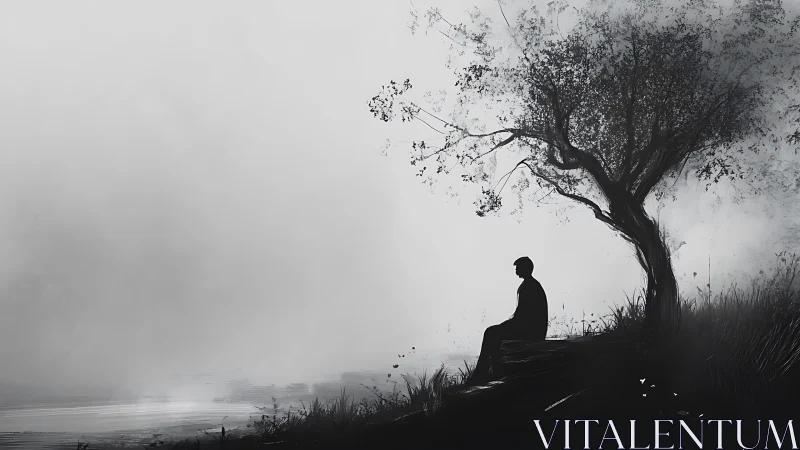 Solitary figure contemplates a misty lakeside horizon