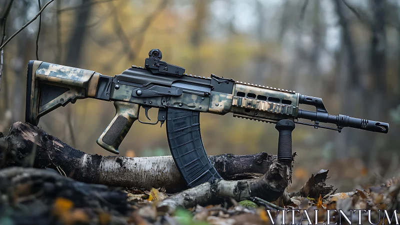 Camo-pattern tactical rifle rests on a log in autumn forest