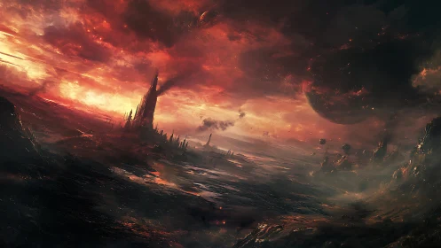 Desolate alien landscape under burning red sky.