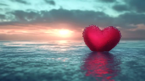 Red Heart Floating in Ocean at Sunset