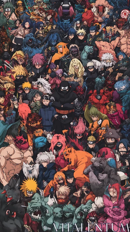 Crowded anime heroes and beasts share one vivid battle scene