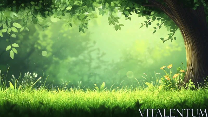 Digital landscape composition featuring luminous tree canopy with bokeh atmospheric rendering and fo