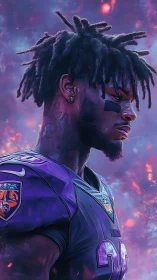 Football player portrait glows against cosmic purple sky