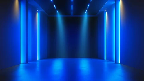 Neon-lit minimalist corridor with axial blue light columns.