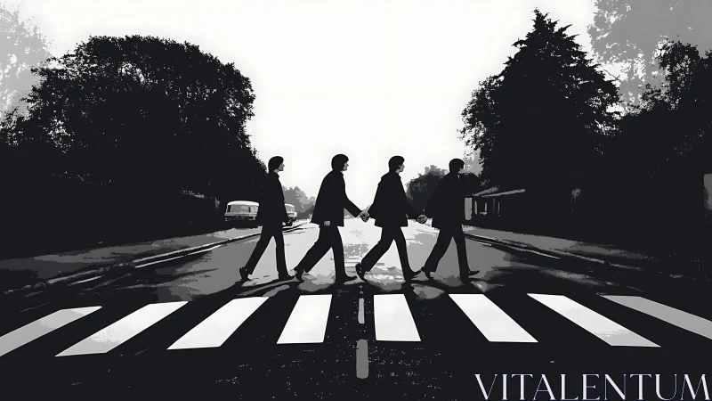 Silhouetted quartet strides across bold urban crosswalk