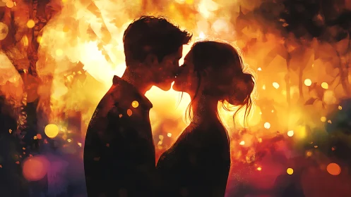 Two figures kissing silhouetted against warm bokeh light.