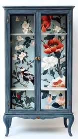 Blue display cabinet with floral bird mural and glazed doors
