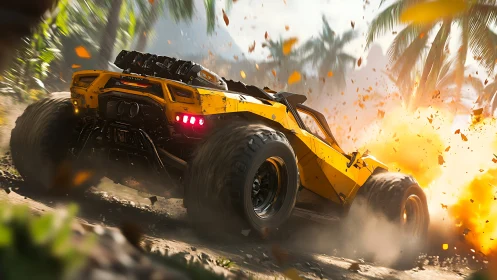 Jungle storm buggy outruns a blazing tropical explosion.