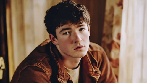 Young man sits indoors under warm side window light