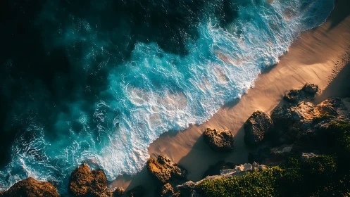 Photorealistic aerial shoreline with waves, rocks, and sand interplay.