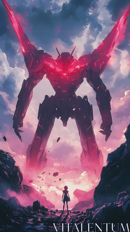 Neon colossus greets lone pilot under burning sky.