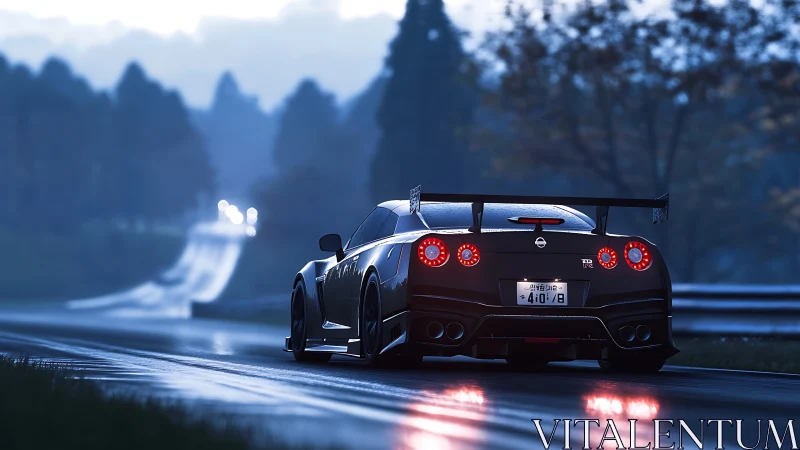 Black sports car on wet forest road in low light conditions.