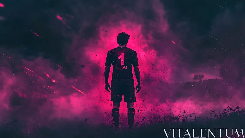Lone footballer crowns a neon storm of electric magenta dusk.