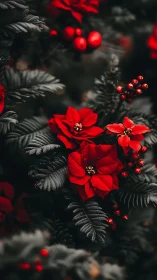 Red poinsettias enrich dark evergreen festive foliage