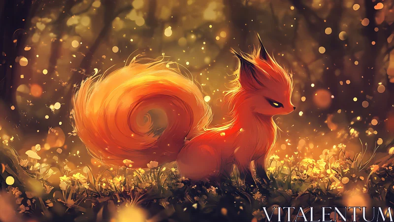 Fiery foxlike creature in glowing forest environment.