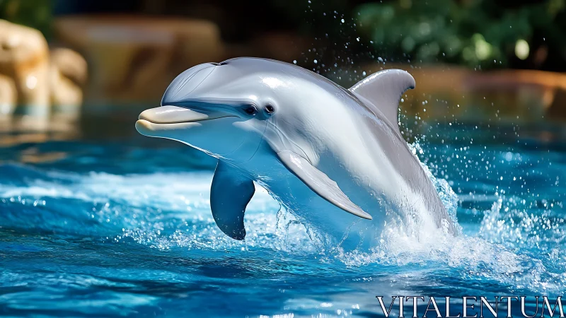 Silver-skinned dolphin rockets through sapphire splash curtain.