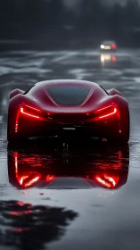 Red futuristic sports car with rear lights on wet road.