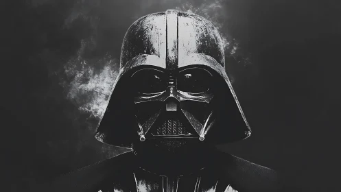 Dark armored sci‑fi villain portrait in stark monochrome.