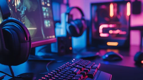 Cozy neon gaming desk glowing with playful night energy.