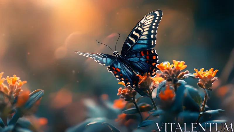 Butterfly rests on glowing flowers in dreamy golden dusk
