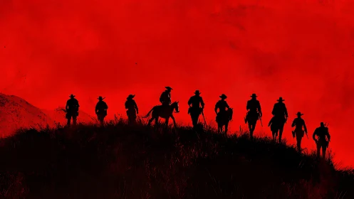 Cowboy silhouettes on ridge under blood red sky.