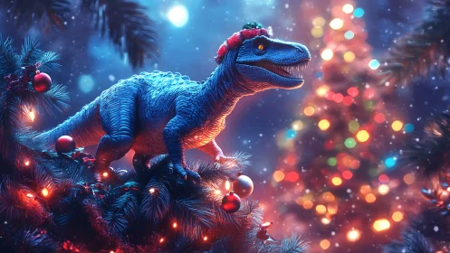 Festive blue dinosaur happily explores a sparkling Christmas tree