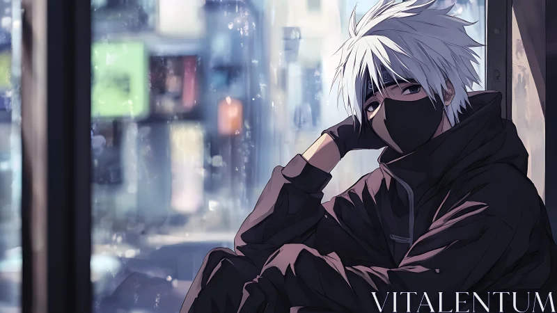 Quiet masked anime boy resting by a rainy city window.