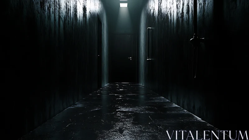 Moody dark hallway quietly lit by a distant open doorway