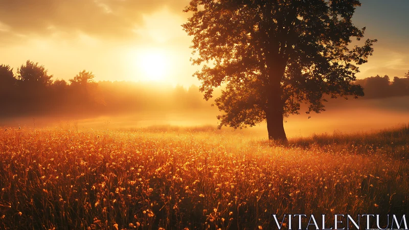 Golden meadow sunrise ignites misty horizon and tree glow.