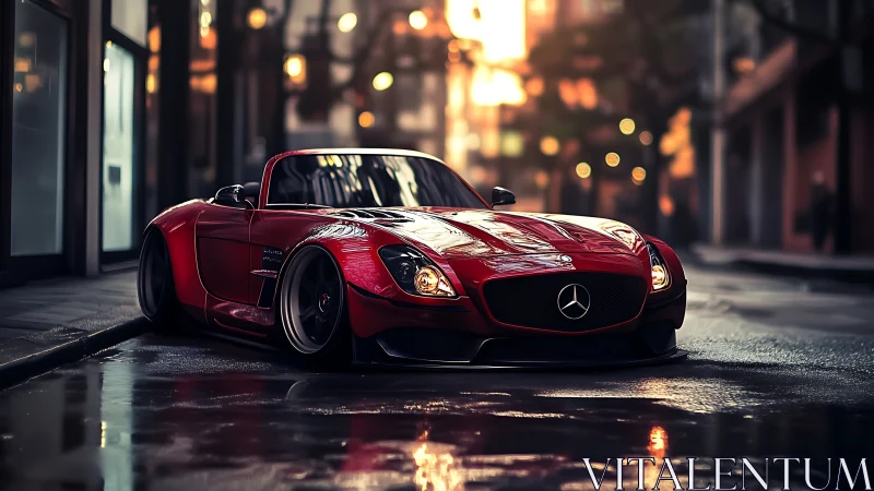 Low-slung red Mercedes roadster in wet dusk city street