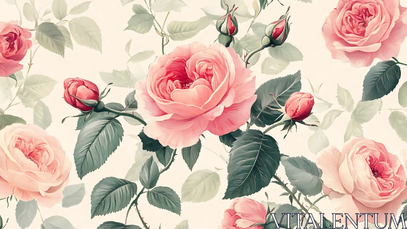 Pink Garden Roses with Buds and Foliage on Cream.