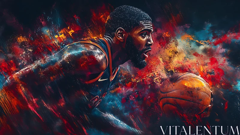 Basketball player dribbling amid abstract color field.