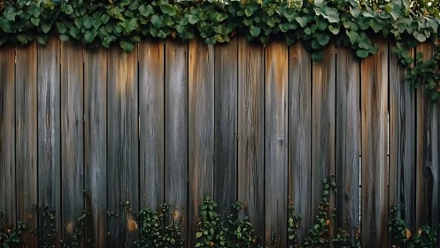 Weathered wooden fence supports dense creeping green ivy