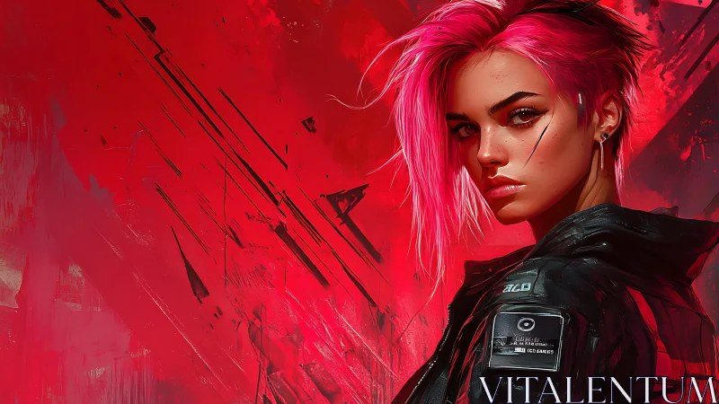 Cyberpunk portrait with pink-haired figure on red ground.
