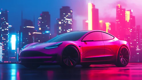 Electric sedan in neon cityscape under pink and blue light.