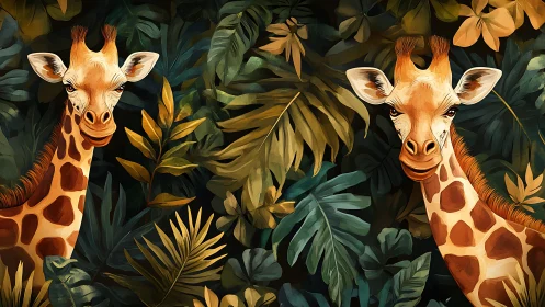 Two stylized giraffes amid dense tropical foliage artwork.
