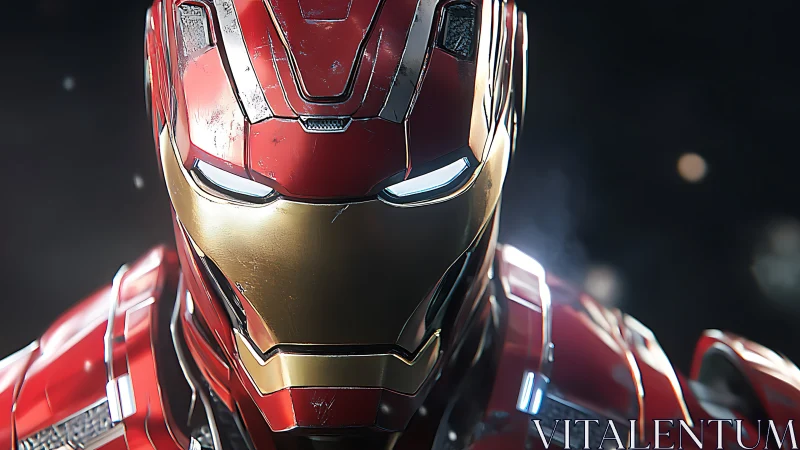 Metallic red and gold armored helmet is rendered frontally