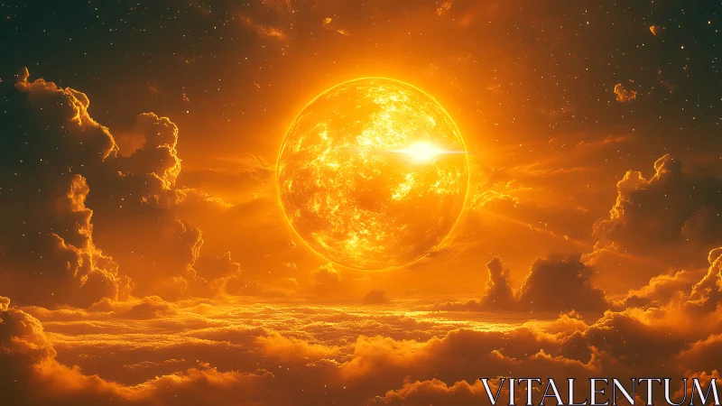 Fiery sun sphere hanging low above glowing cloud sea.