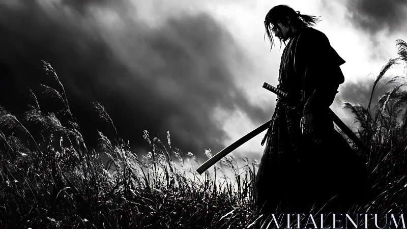 Stormlit ronin pauses in silver grass before the unseen war.