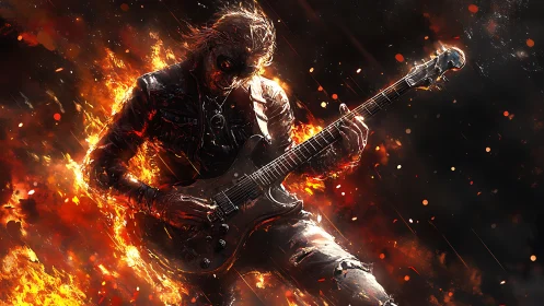 Fireborn guitar soloist riding a storm of molten sparks.