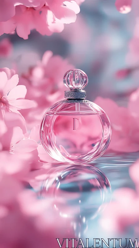 Spherical pink perfume flacon with specular highlights in floral bokeh field