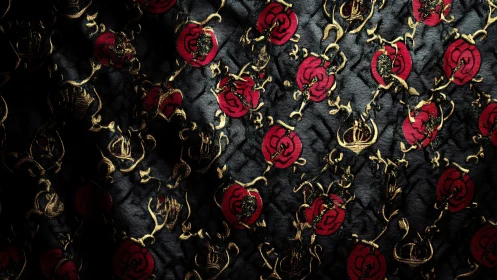 Crimson Roses Dance Through Quilted Midnight Silk.