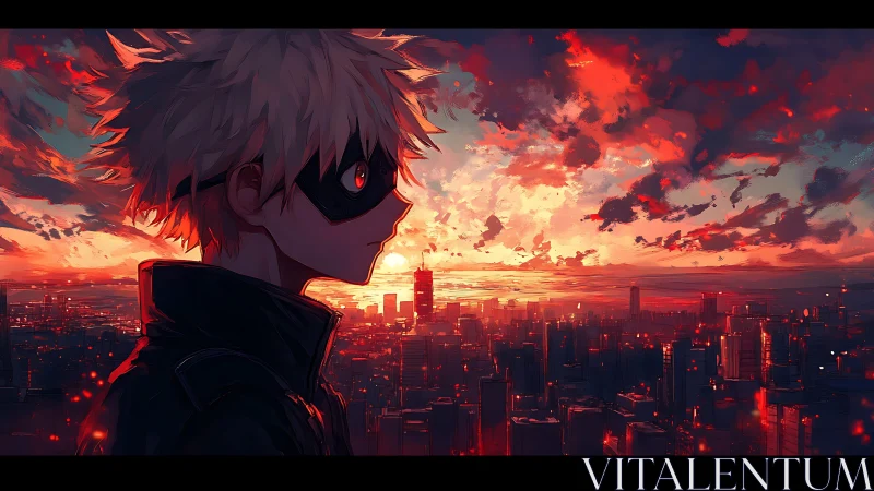 Masked anime hero surveys neon city beneath blazing sunset.