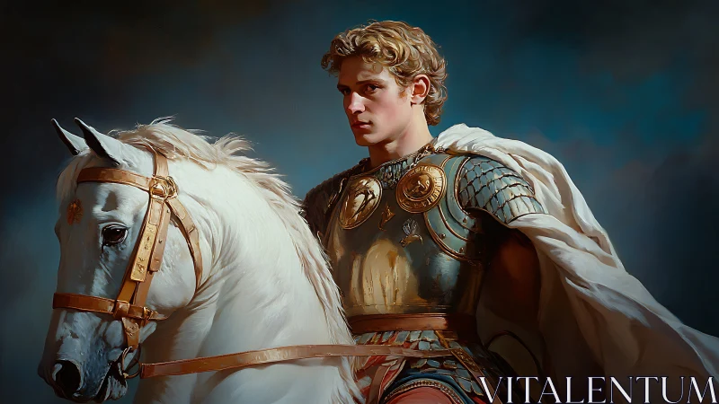 Young armored rider stares ahead beside white warhorse